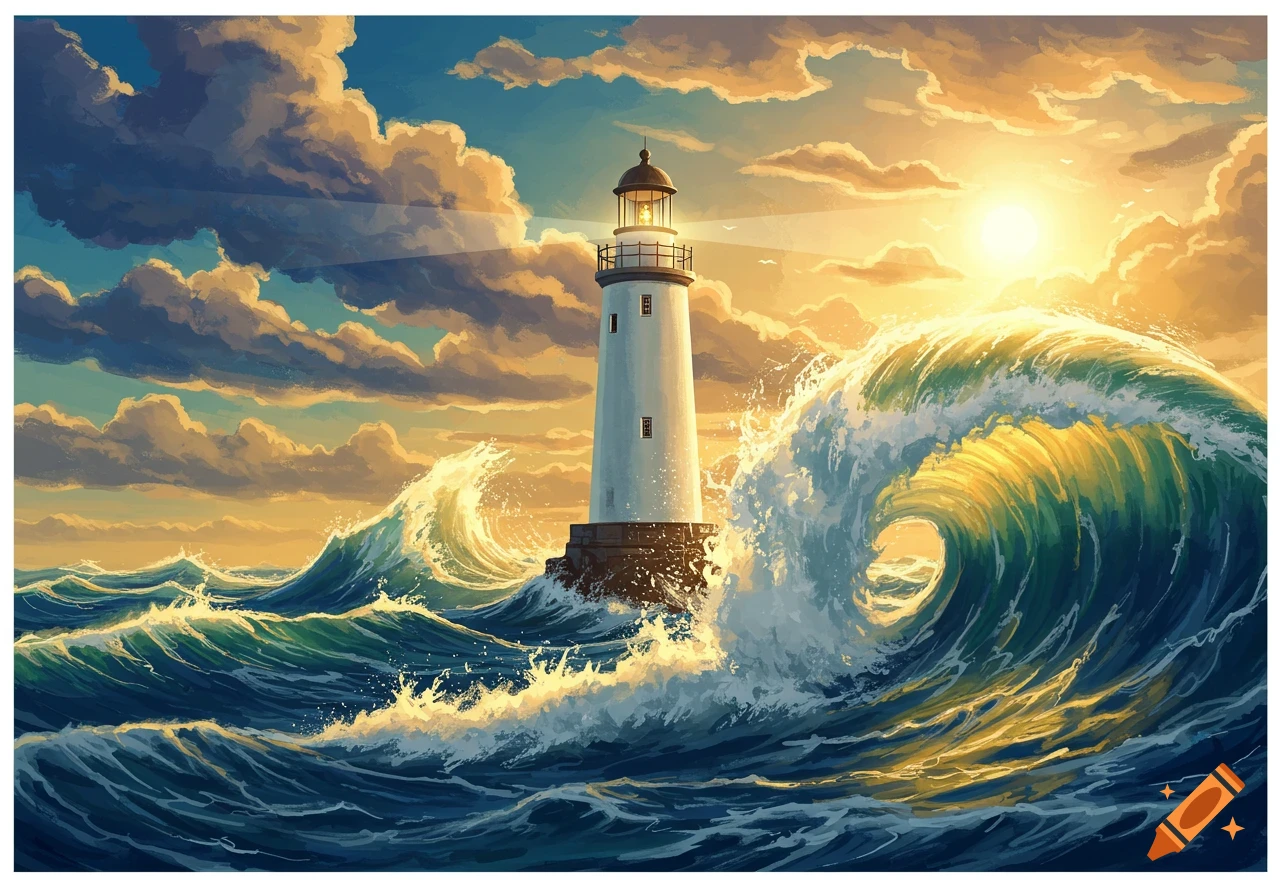 Digital painting of a lighthouse on rocks amidst large, curling waves under a dramatic sky with sun rays.