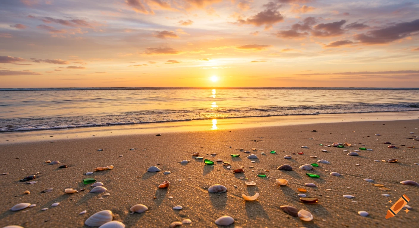 A sandy beach at sunrise with scattered seashells and seaglass along the shore. The sun is low on the horizon over the water.