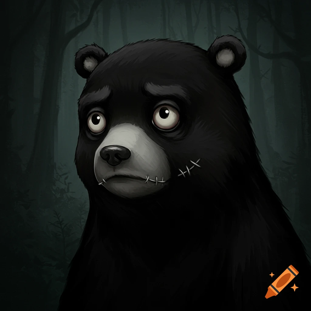 An illustration of a sad black bear with stitches on its face, sitting in a dark forest.