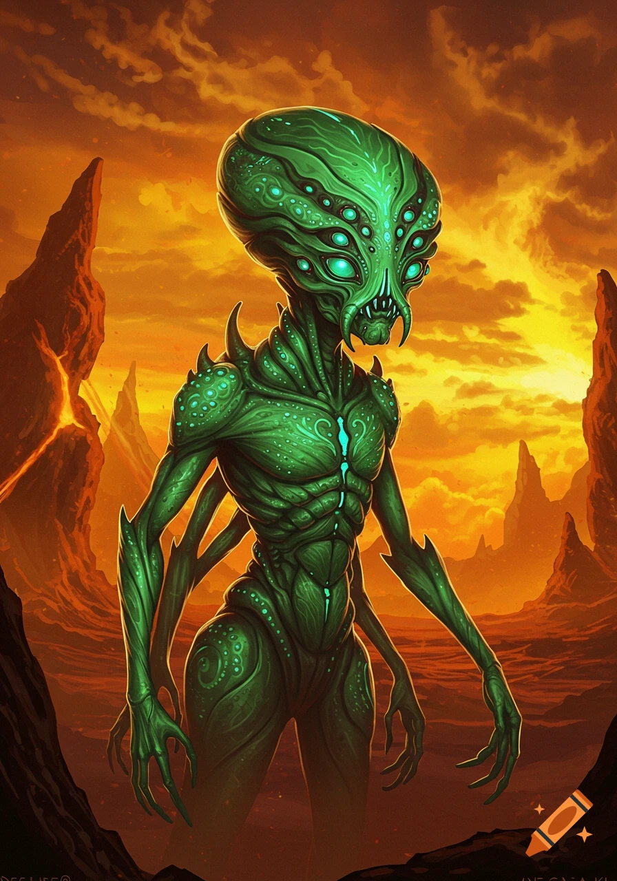 A green alien creature with multiple eyes and four arms stands in a rocky, orange landscape under an orange sky.