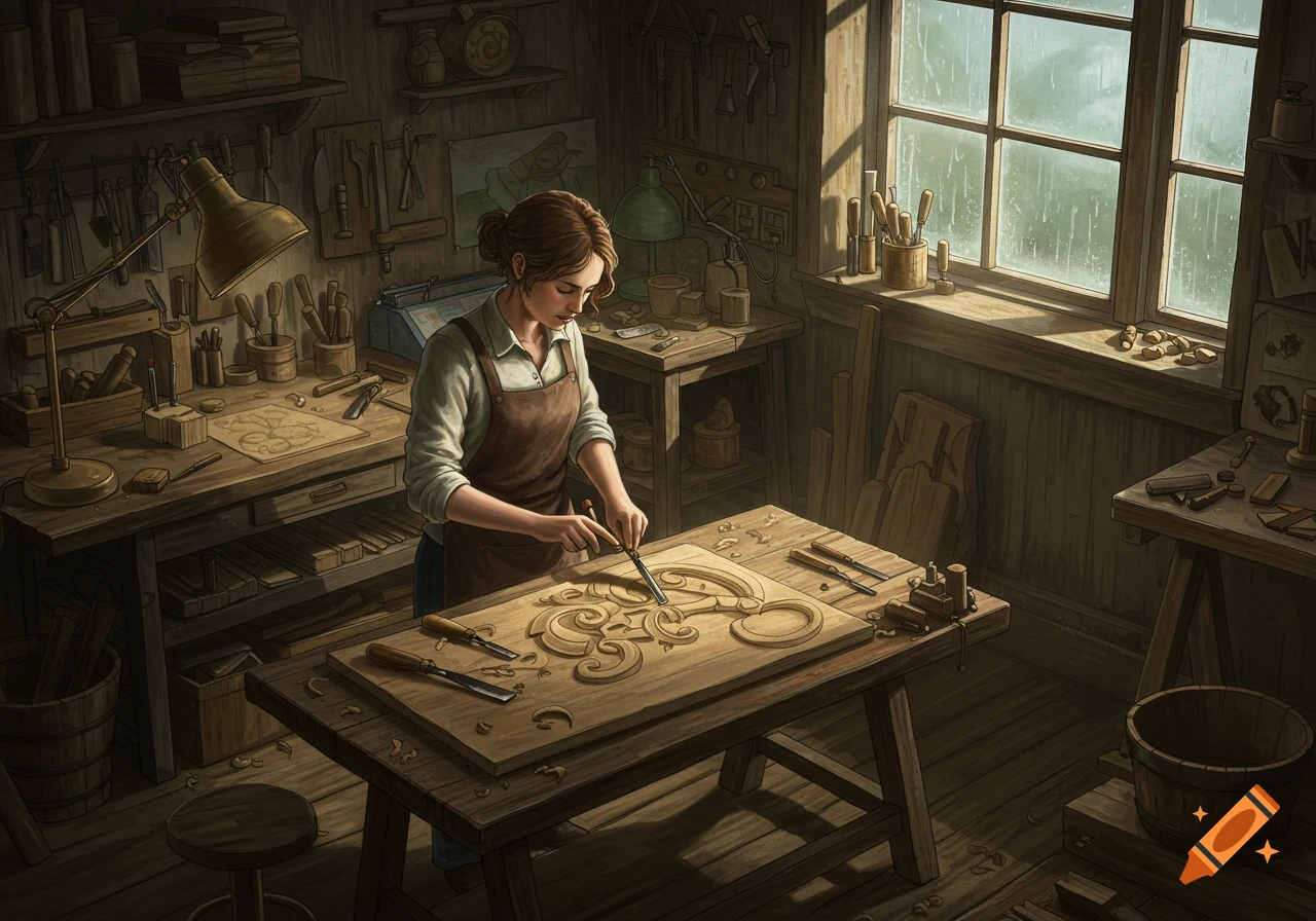 Woman woodcarving in a dusty workshop with tools, rain outside a large window