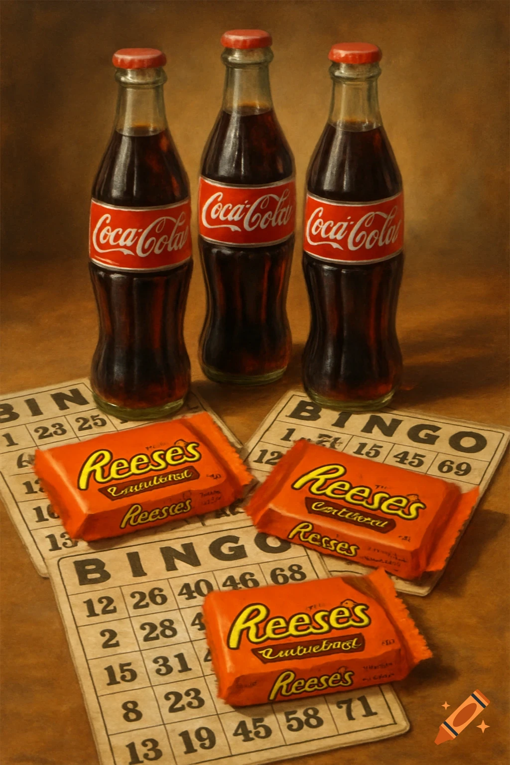 A nostalgic still life painting of three Coca-Cola bottles, three Reese's peanut butter cups, and several bingo cards.