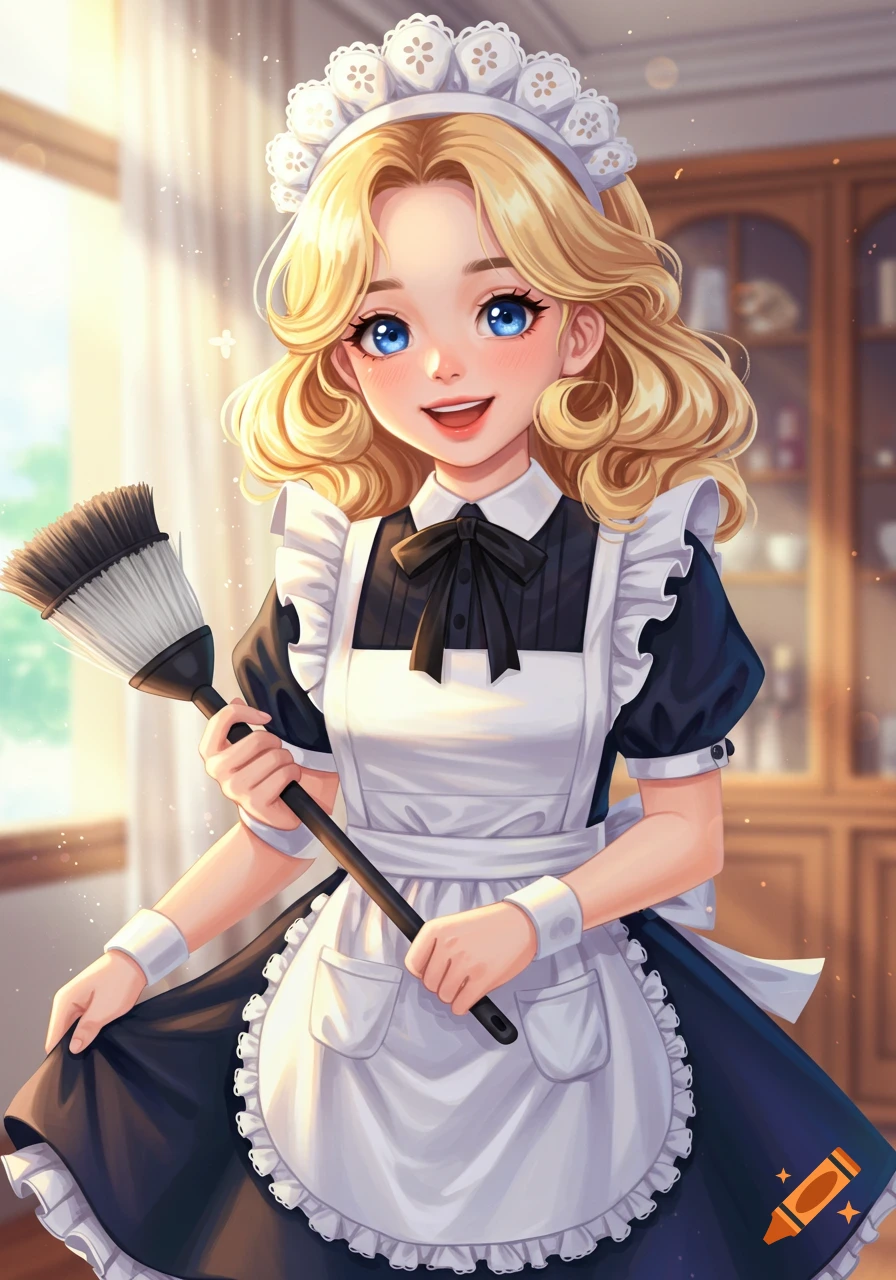 An anime-style illustration of a blonde maid holding a broom and smiling.