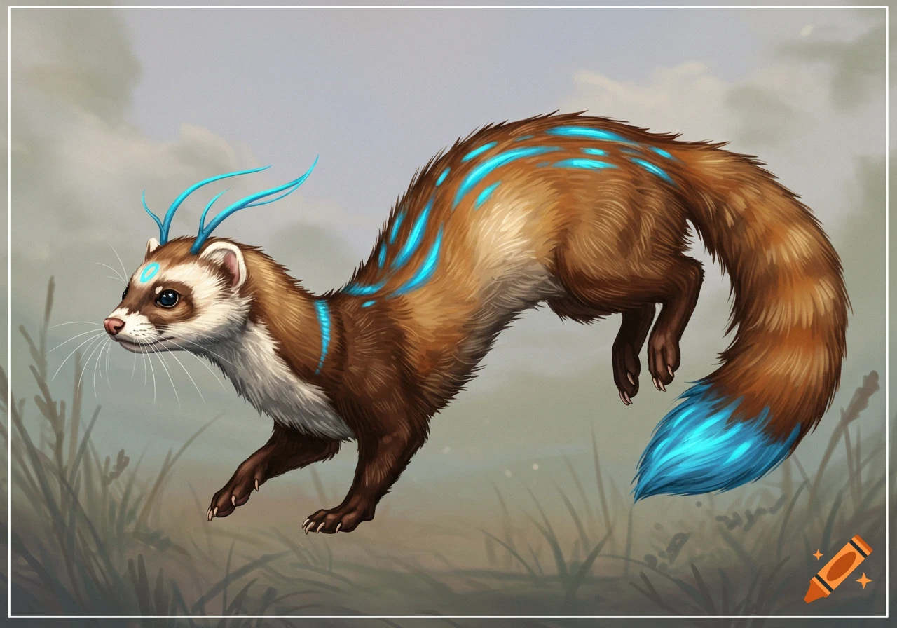 A fantasy ferret-fox hybrid with blue markings runs through grass