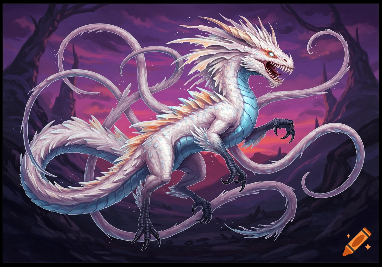 A white dragon with tentacles stands in a purple fantasy landscape. on