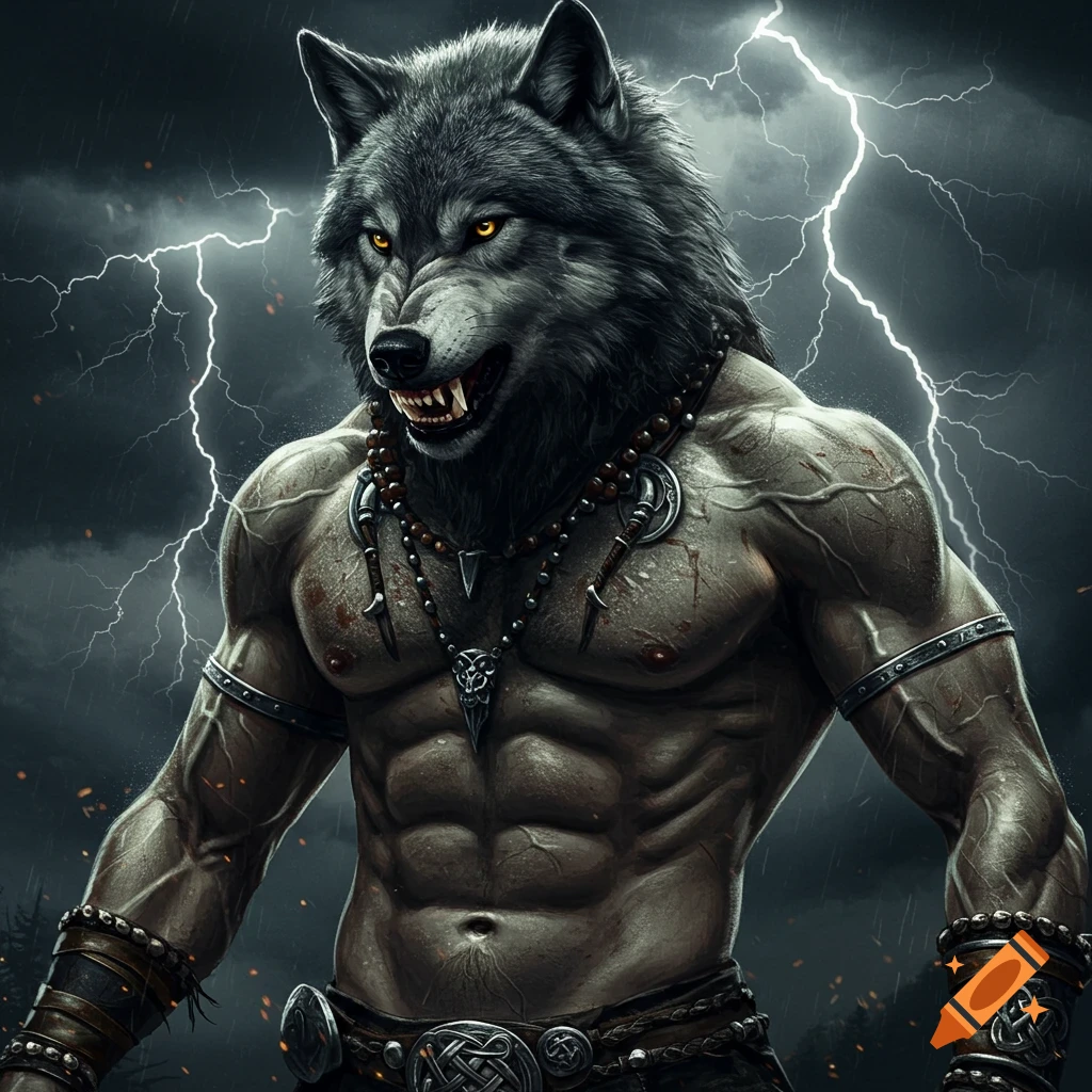 A muscular wolf creature wearing viking jewelry stands in a stormy landscape with lightning.