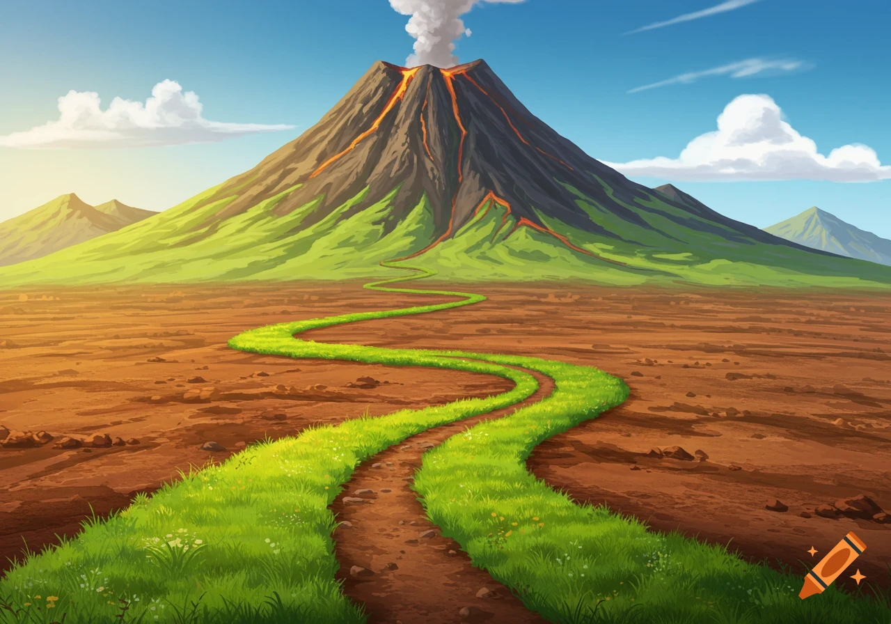 A vibrant green grass path winds across brown earth towards a cartoon-style erupting volcano under a bright sky.