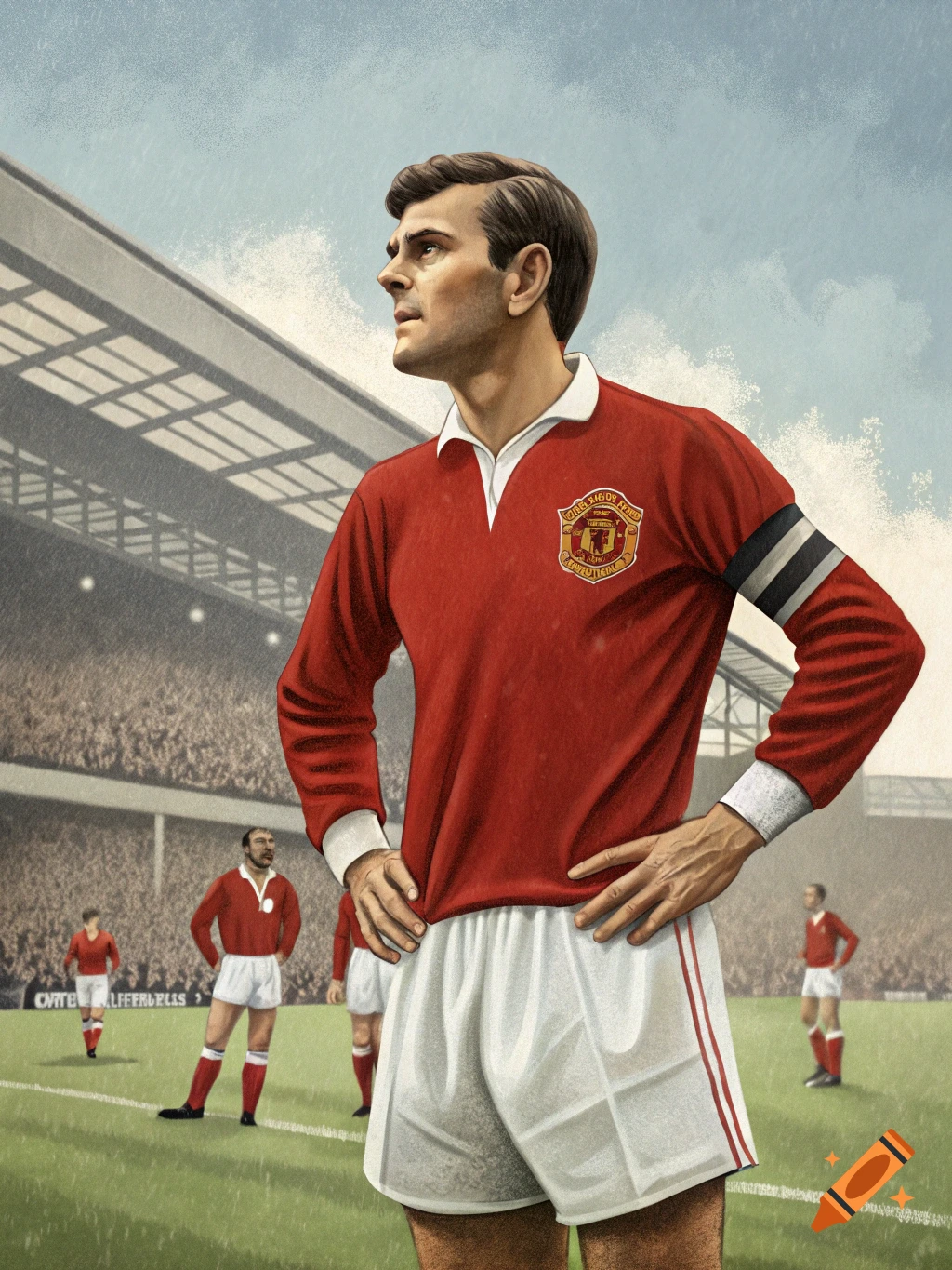 An illustration of a football player in a red jersey and white shorts standing on a pitch.