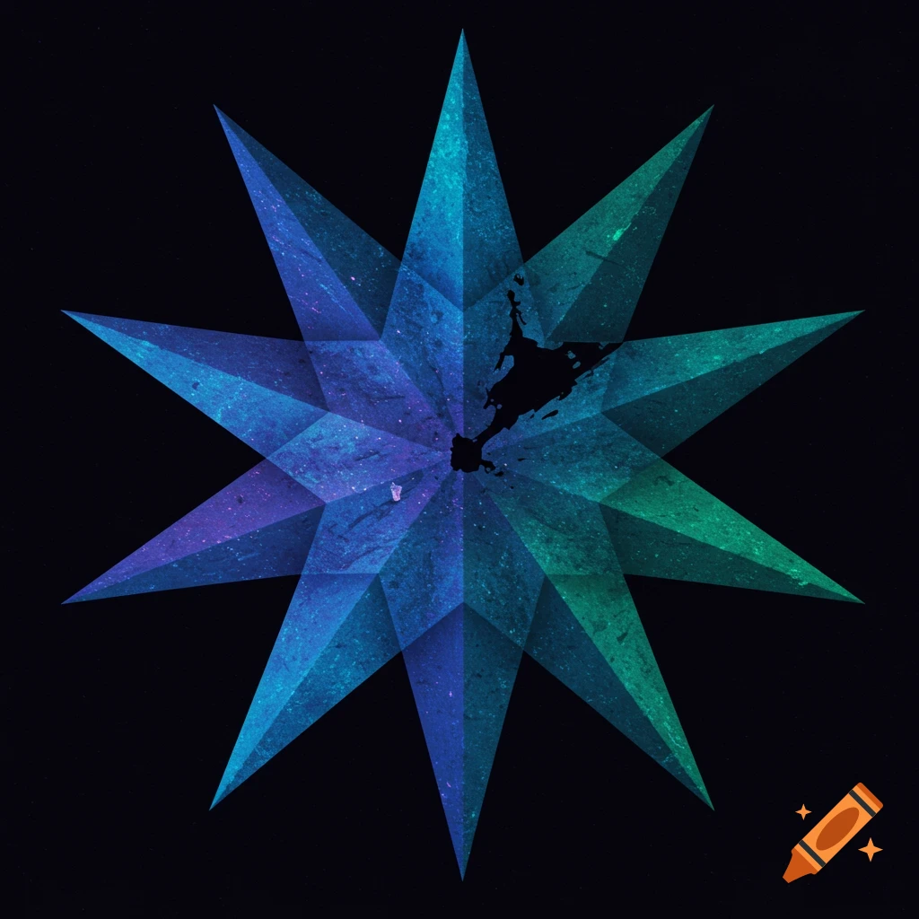 A nine-pointed geometric star with textured blue and green gradient points and a dark silhouette in the center on a black background.