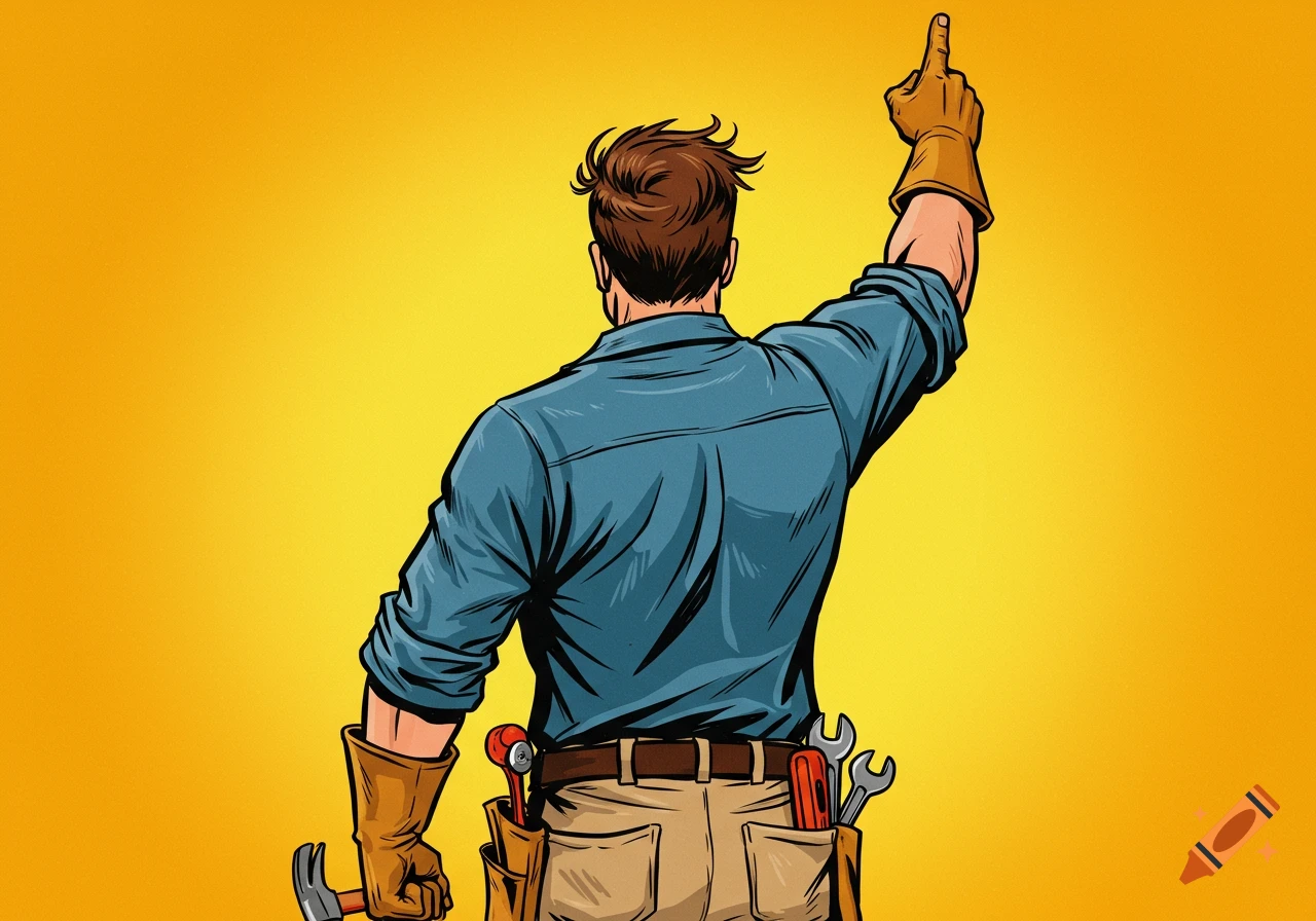 Illustration of a handyman in gloves and tool belt, seen from behind, pointing upwards.
