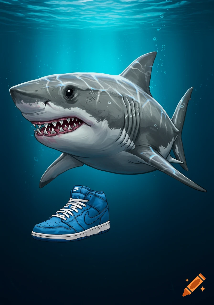 Illustration of a shark swimming underwater with a blue Nike sneaker floating below it.