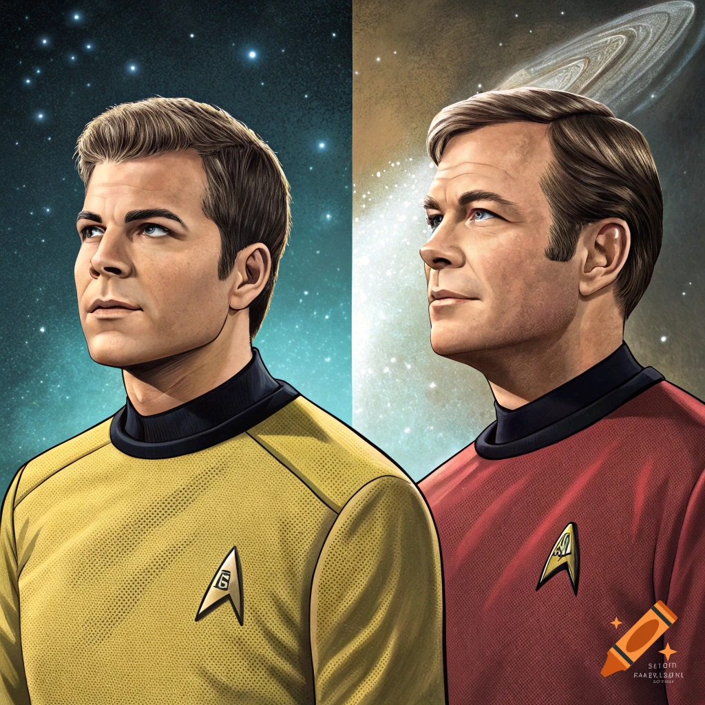 Two portraits of Captain Kirk in Starfleet uniforms, one yellow and one red, against a space background.