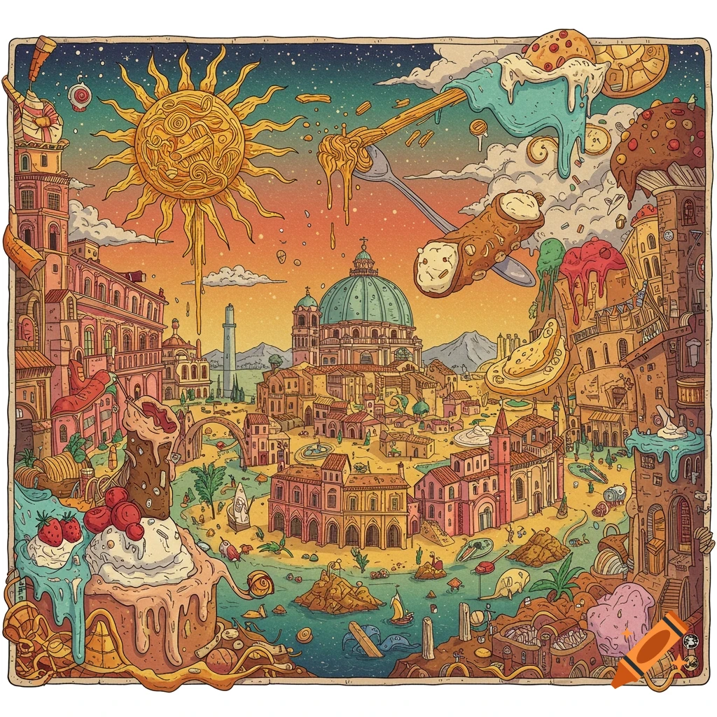 A surreal, colorful illustration of an Italian city landscape mixed with food like pasta, gelato, and pizza.