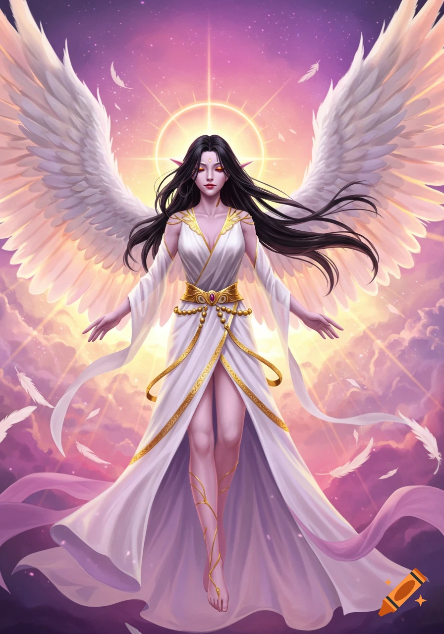An anime style goddess with white wings stands in a radiant sky.