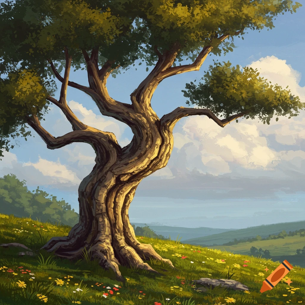 Painting of an old tree on a flower-covered hill overlooking a valley under a cloudy sky.