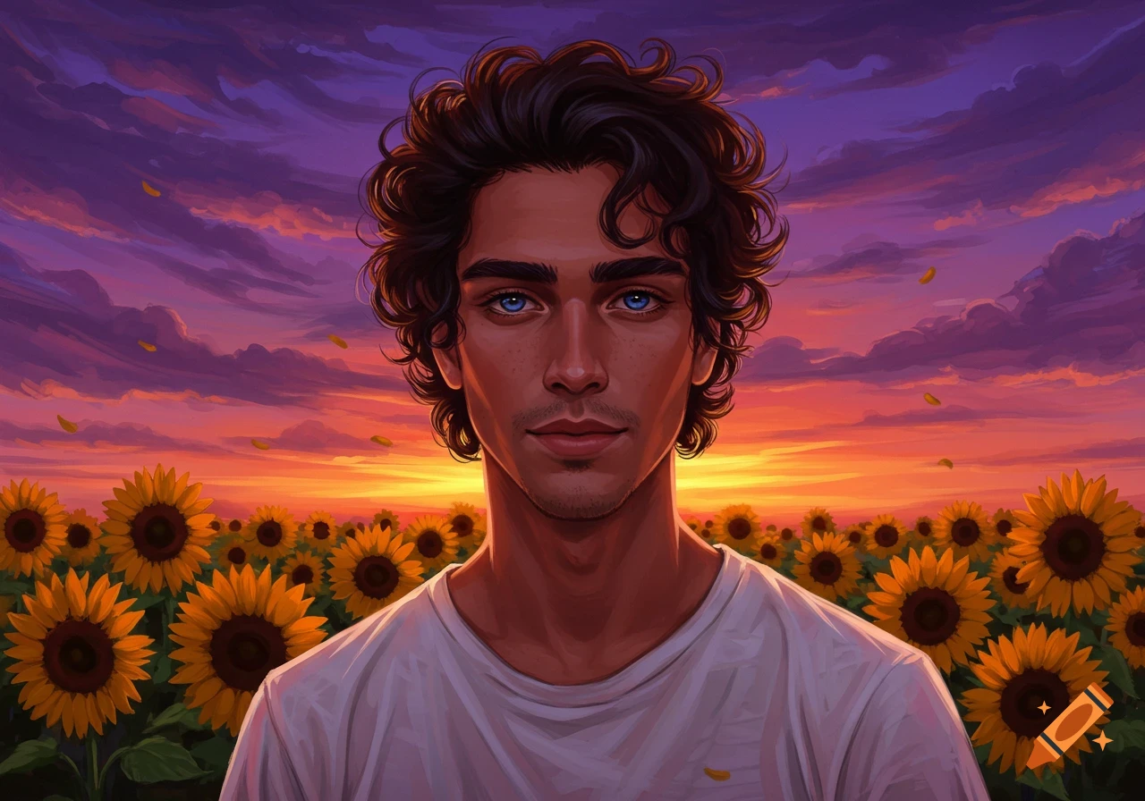 Digital art portrait of a man with blue eyes in a field of sunflowers at sunset.