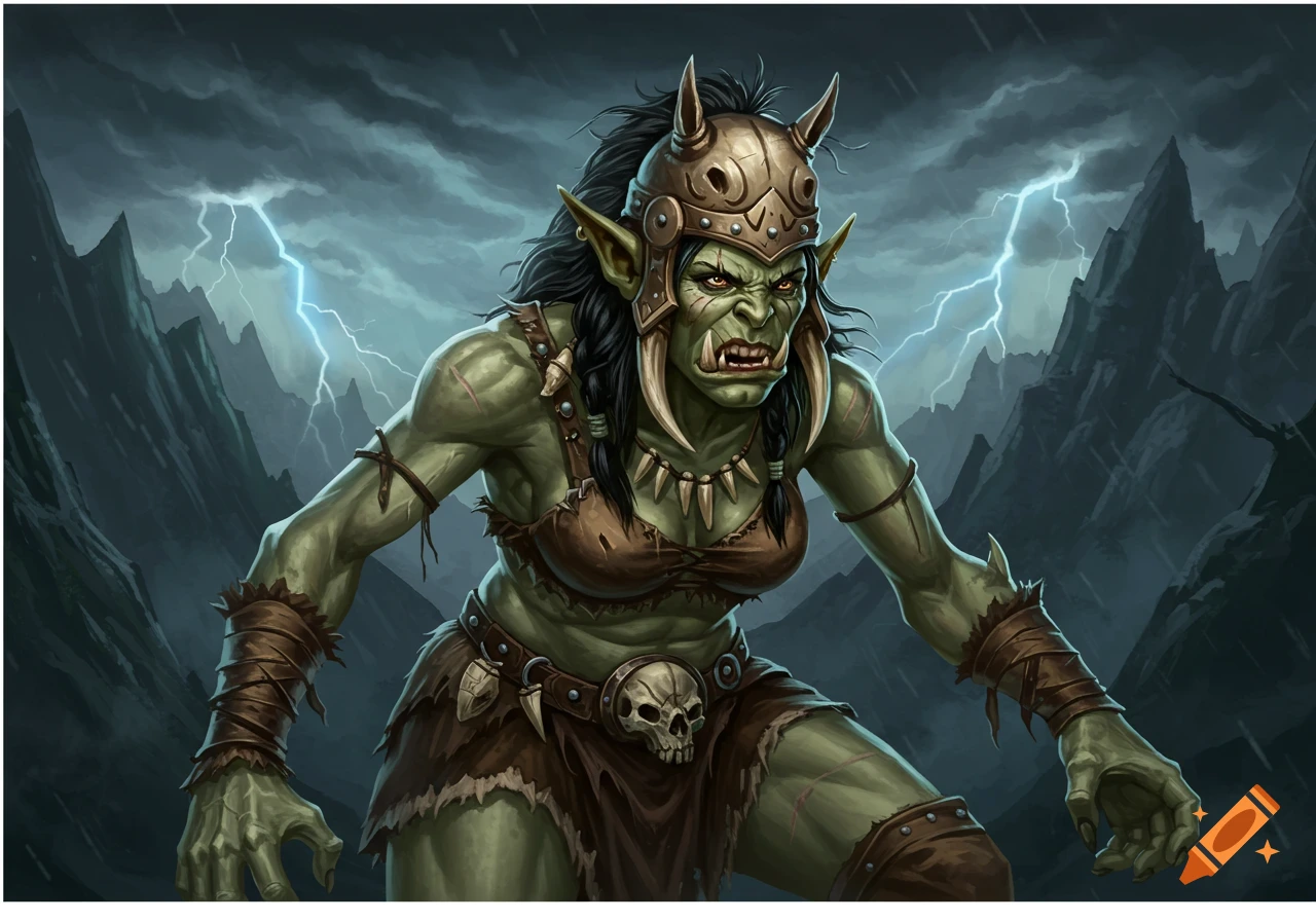 Female orc warrior in armor standing in a stormy mountain landscape with lightning.
