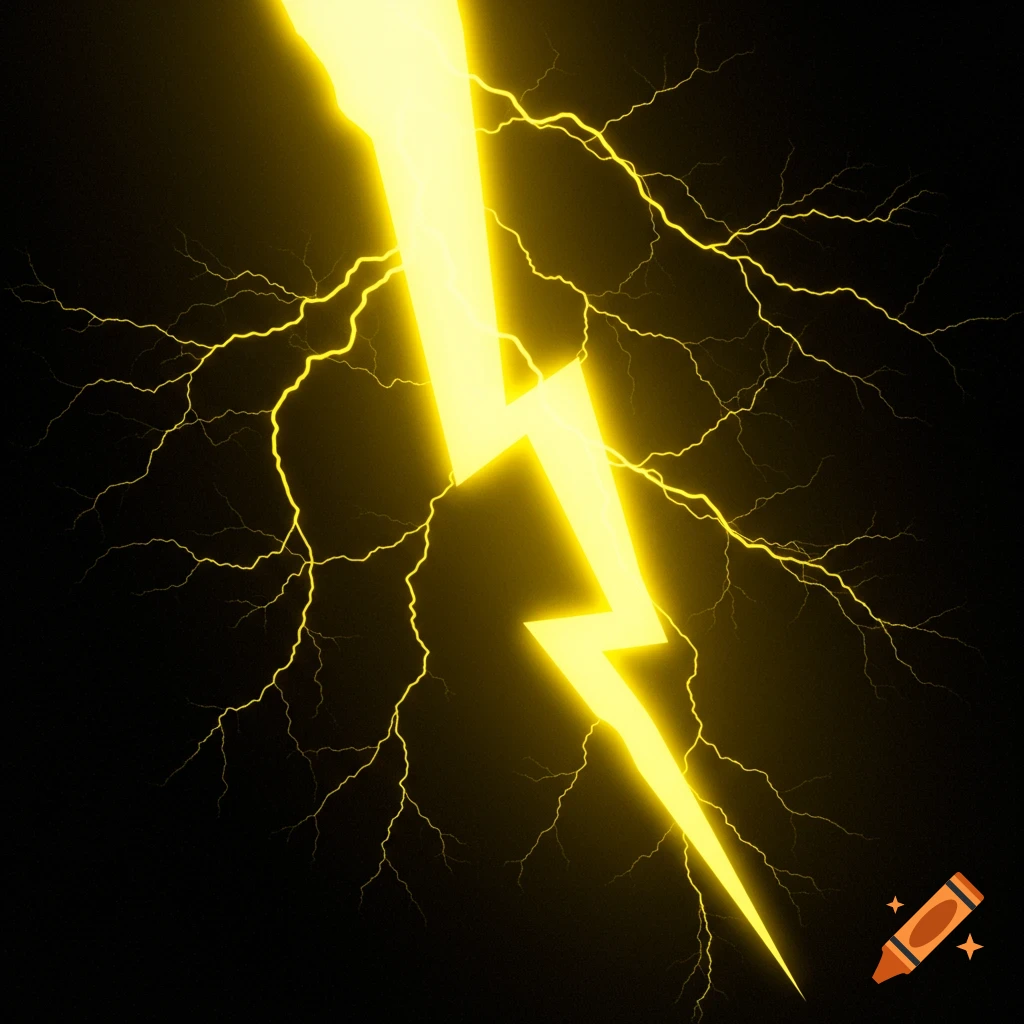A sharp yellow lightning bolt strikes against a black background, with smaller branching bolts.