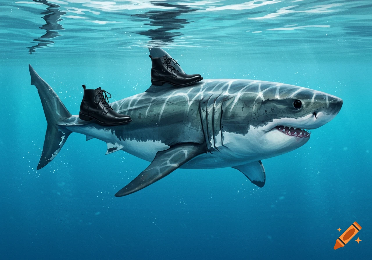 A great white shark swims underwater with black boots on its back.
