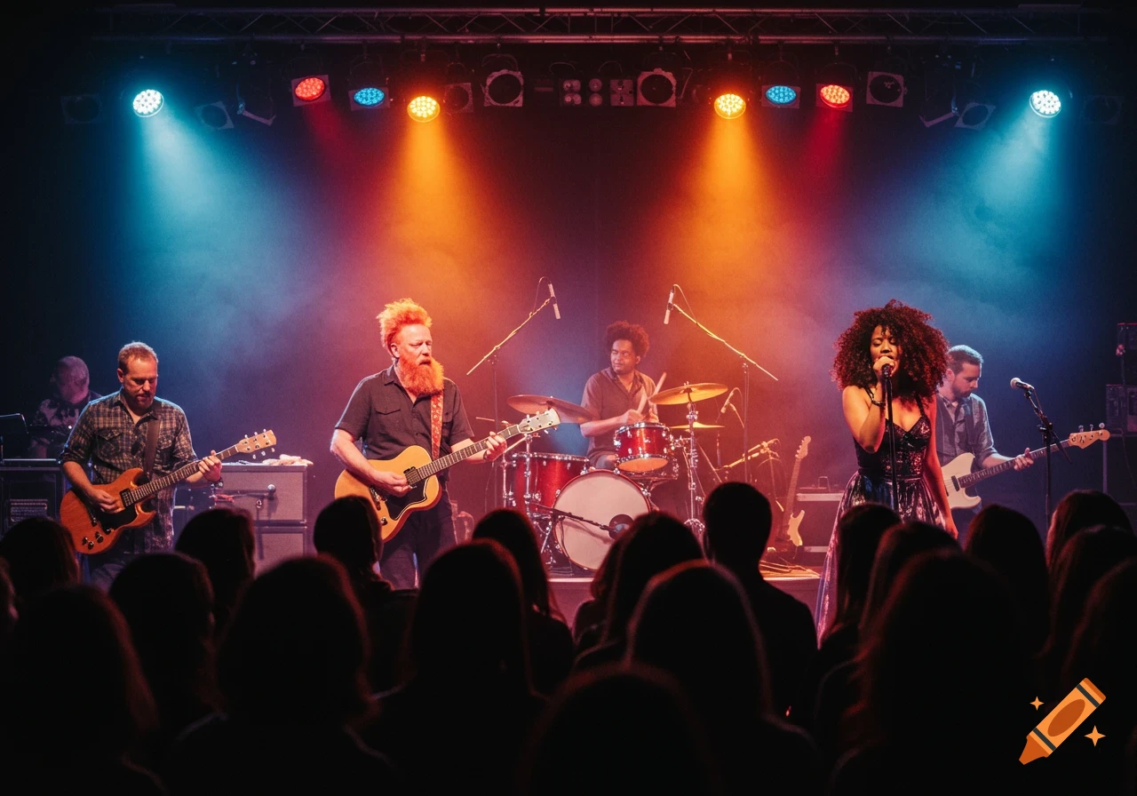 A band performs on stage under bright stage lights, viewed from the audience.