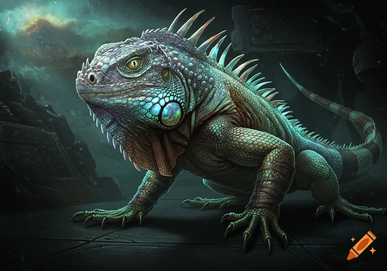 A detailed, close-up fantasy portrait of a large iguana portrayed as an alien creature in a futuristic setting.