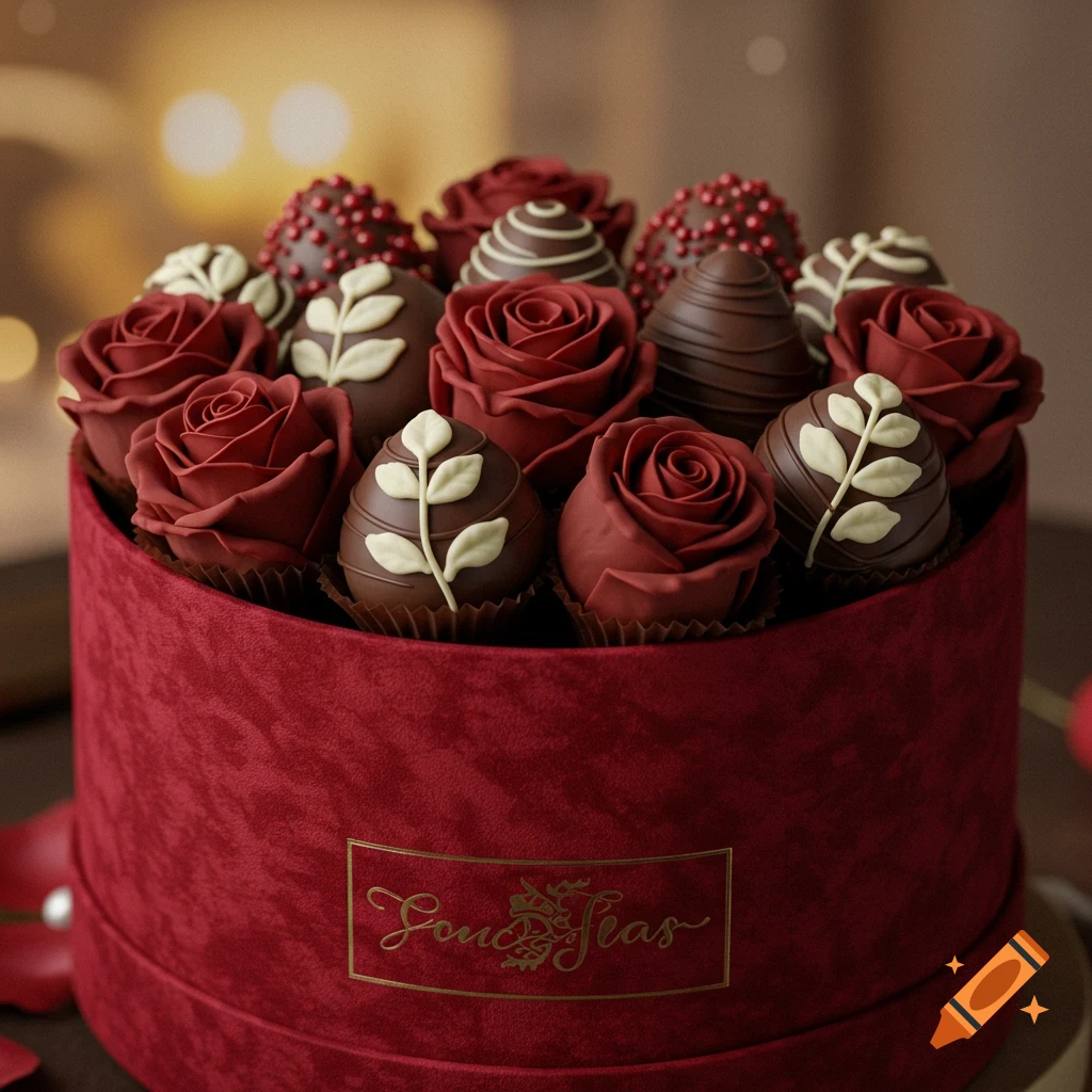Red velvet box filled with chocolate-covered strawberries shaped like roses.