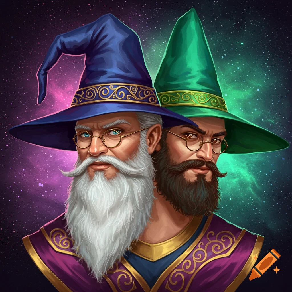 A two-headed wizard wearing blue and green hats against a starry background, digital art.