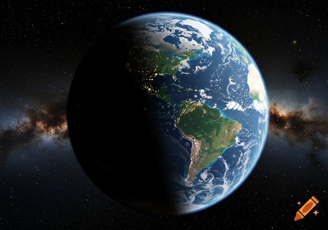 Earth viewed from space showing Americas, city lights on night side, and stars.