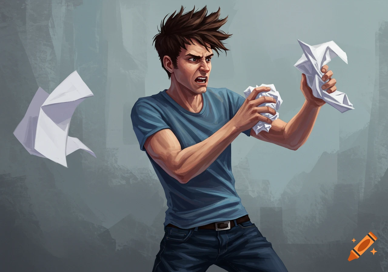 An illustration of an angry man crumpling paper and throwing it.
