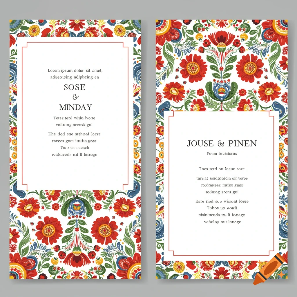 Two rectangular invitation templates with white centers and vibrant Scandinavian floral patterns on the borders.