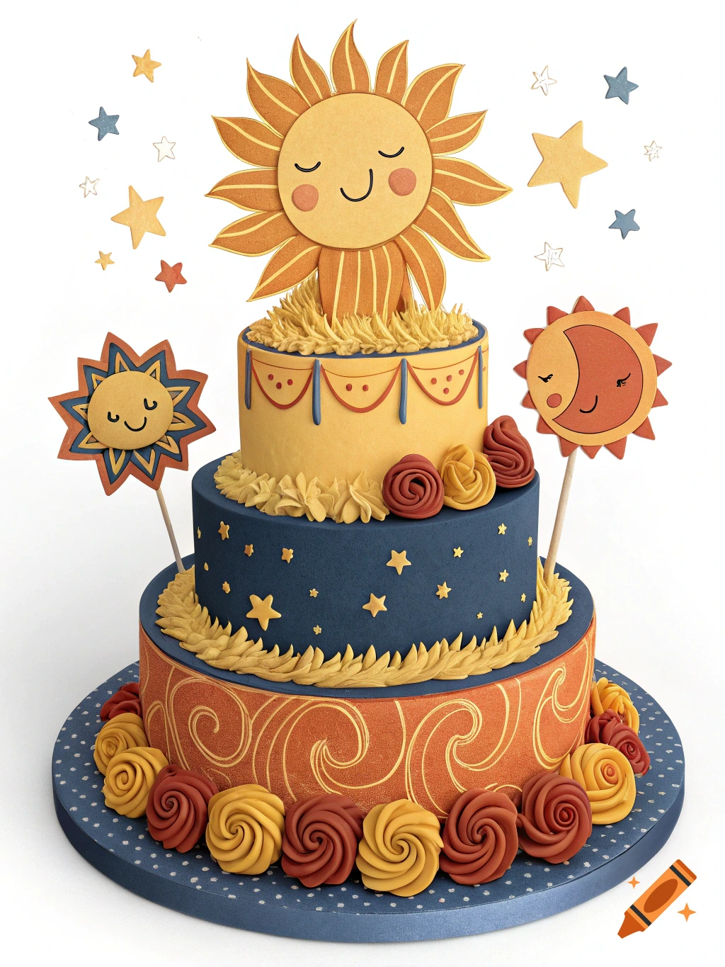 Tiered baby shower cake with sun and moon decorations, stars, and frosting, in navy, mustard, and burnt sienna colors.