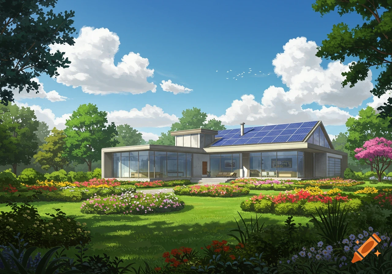Anime style illustration of a modern house with solar panels in a large, colorful garden under a blue sky.
