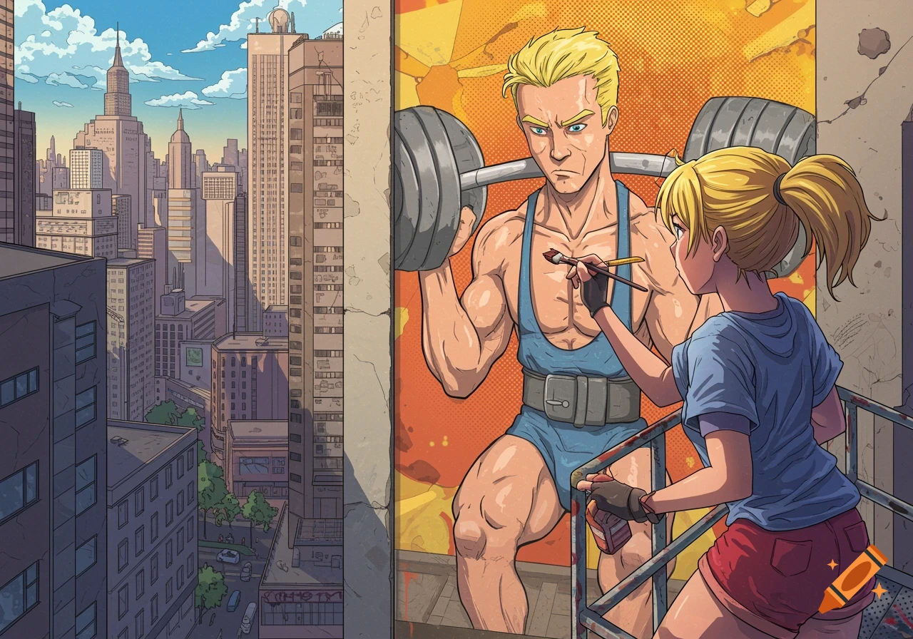A girl with a ponytail paints a mural of a weightlifting man on a building wall overlooking a city, anime style.