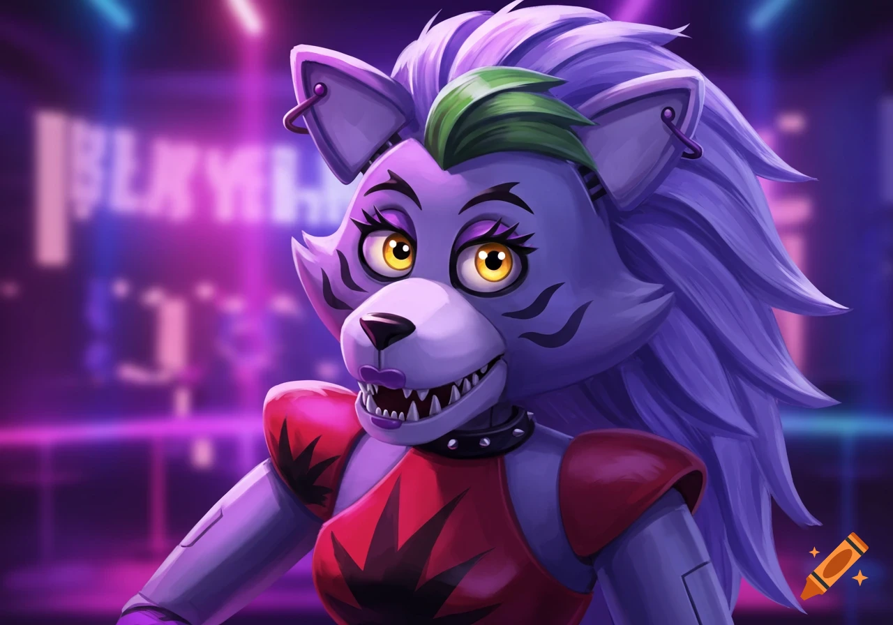 Illustration of Roxanne Wolf from FNAF with purple fur, green hair streak, and red top against a neon background.