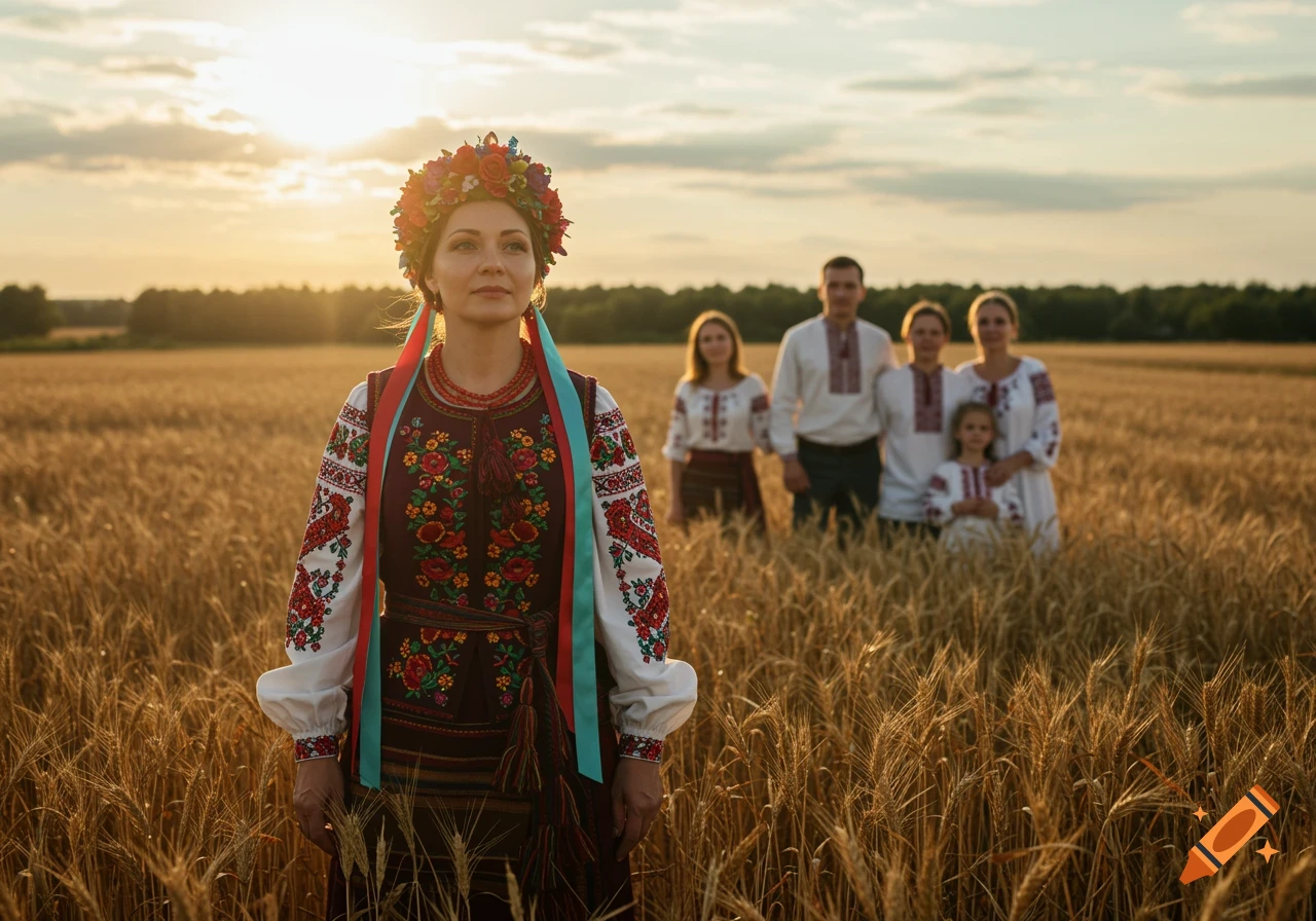 Woman in Ukrainian traditional clothing stands in wheat field at sunset with family in background