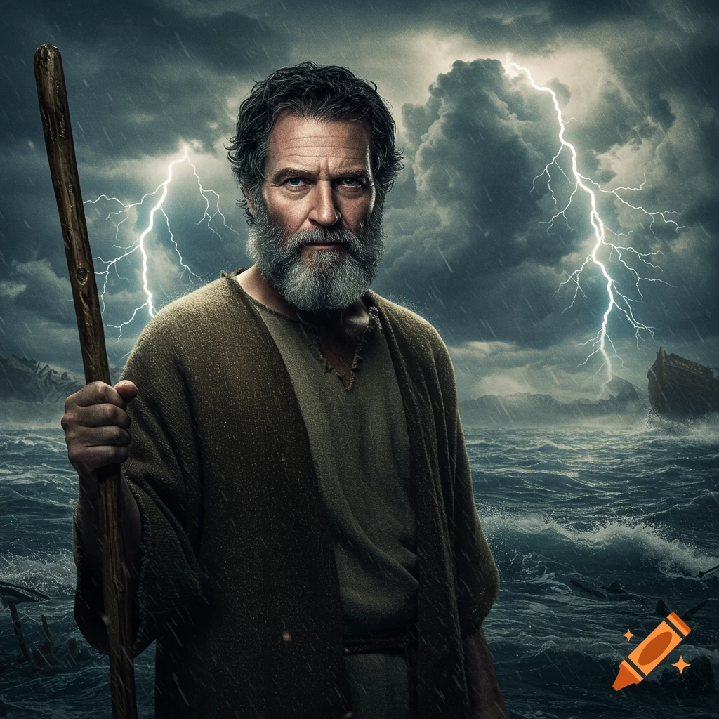 A bearded man with a staff stands in a stormy sea with lightning and a boat in the background.