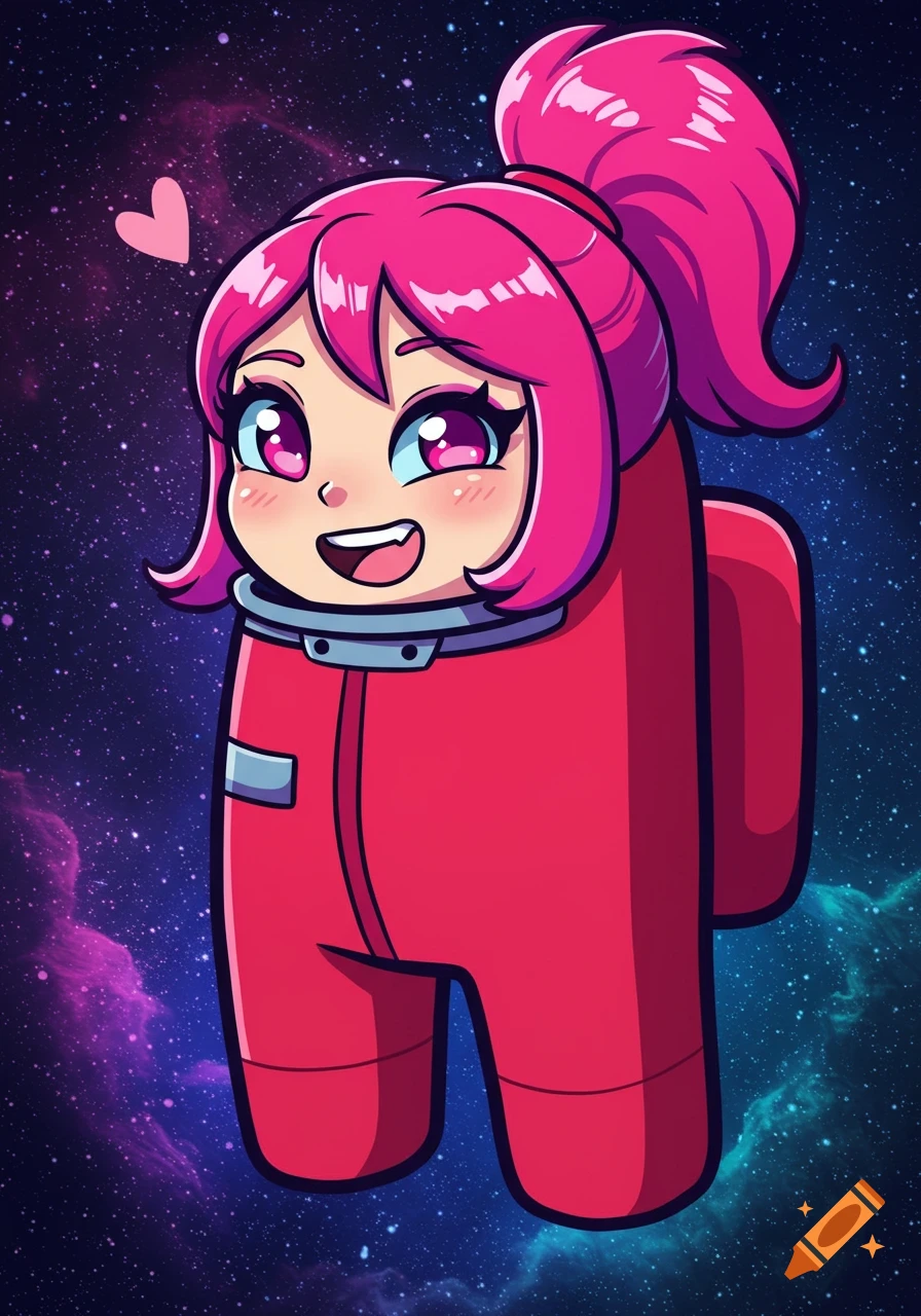 Cartoon anime girl character in a red Among Us spacesuit floats in space with a heart icon.
