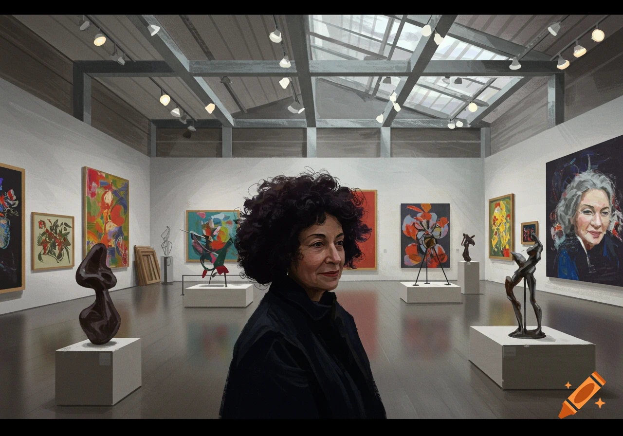 Illustration of a woman with curly hair standing in an art gallery filled with paintings and sculptures.