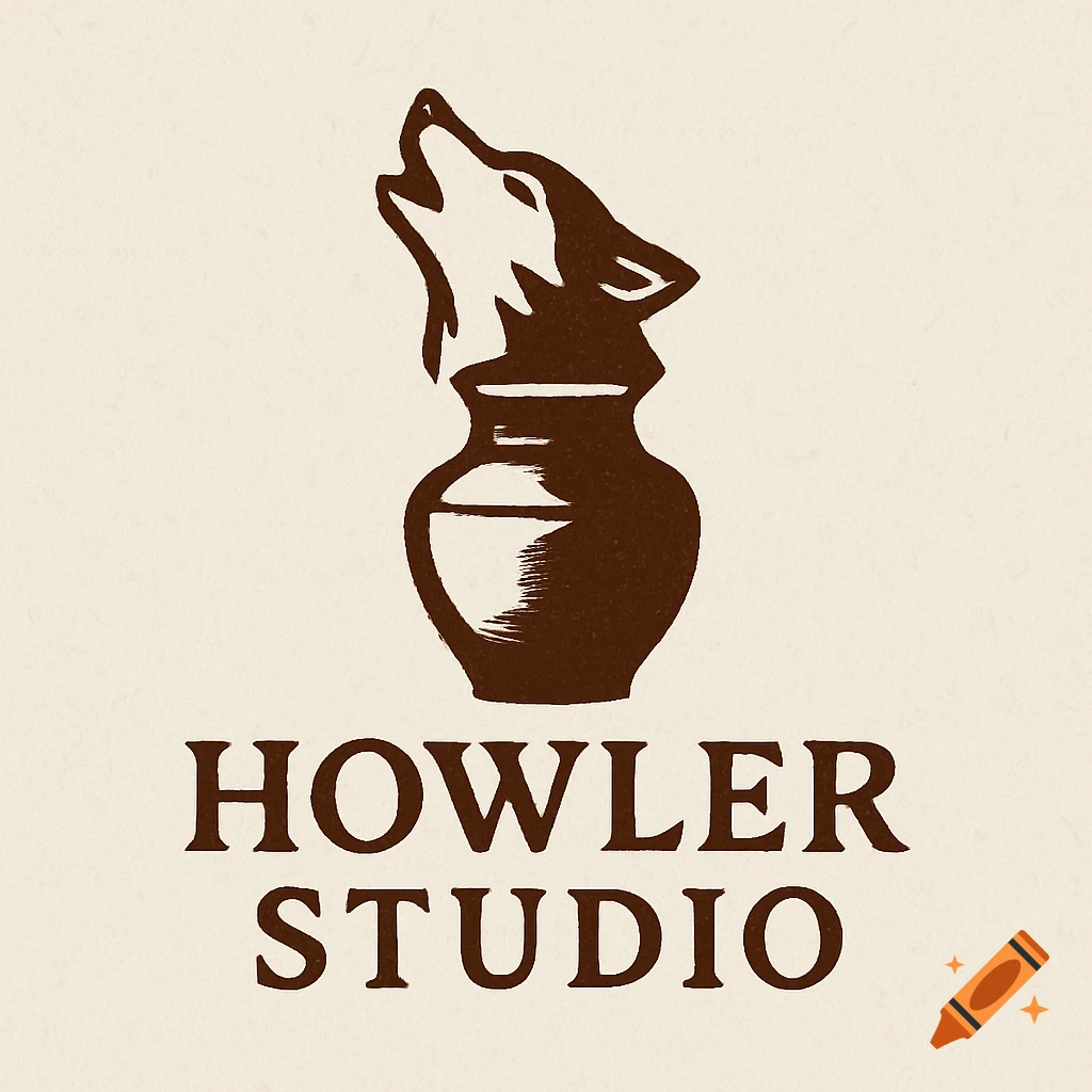 Brown logo with a stylized howling wolf head on a pottery vessel, above the text "HOWLER STUDIO".