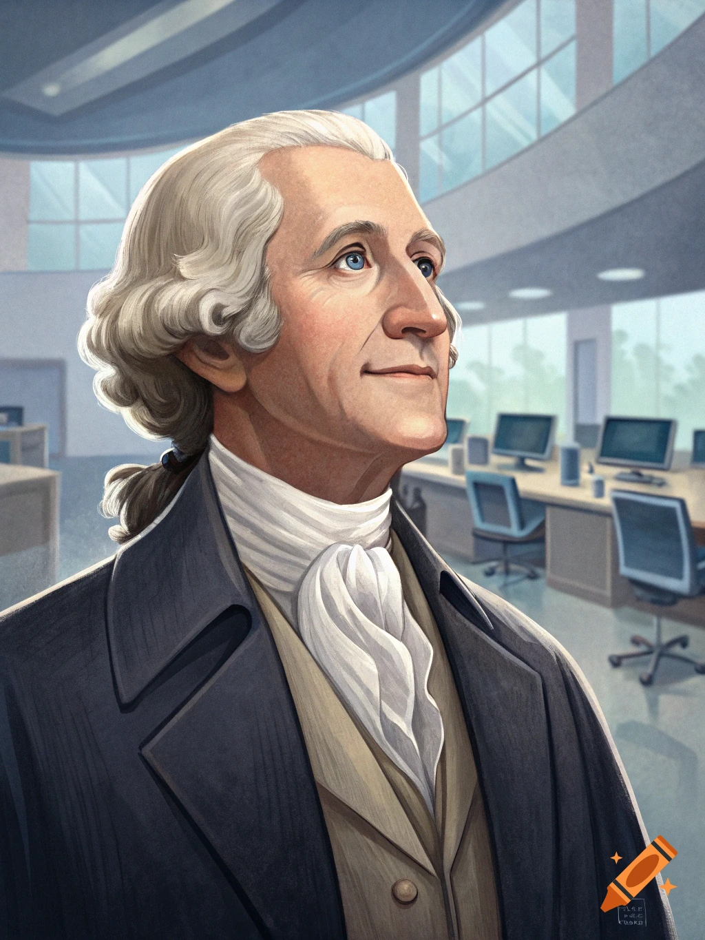 Illustration of George Washington in a modern office.