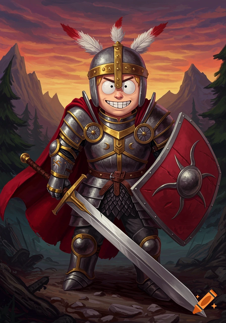 Cartoon character in full knight armor with sword and shield in a fantasy landscape at sunset.