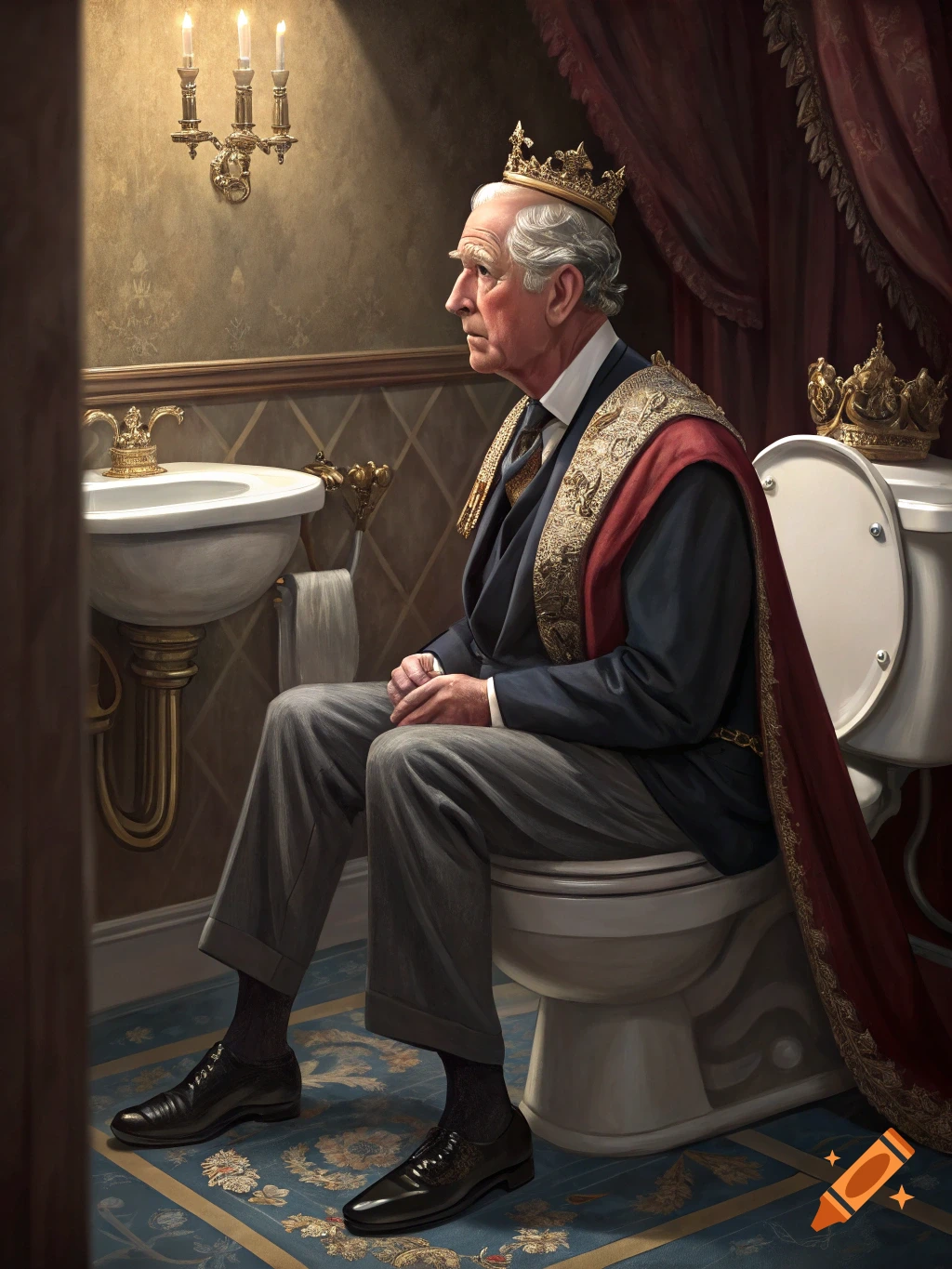Man resembling King Charles III on a toilet in royal robes and crown
