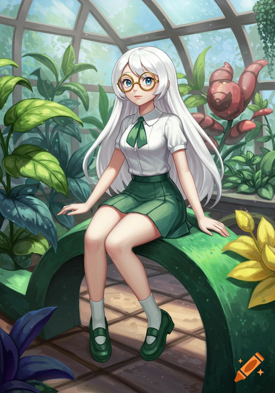 An anime girl with long white hair and glasses sits in a greenhouse surrounded by plants.