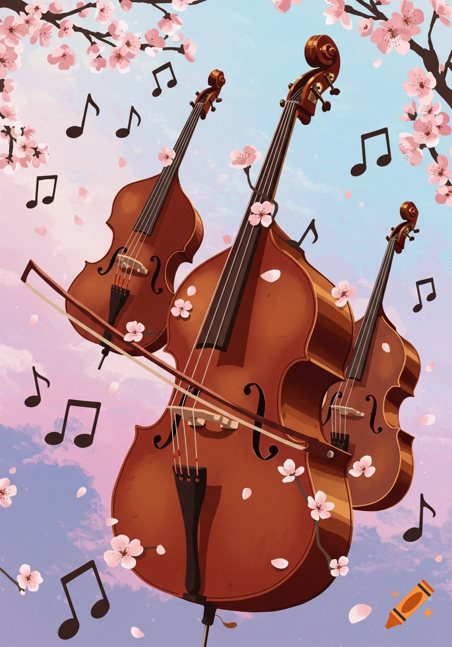 Digital illustration of string instruments with cherry blossoms and musical notes.