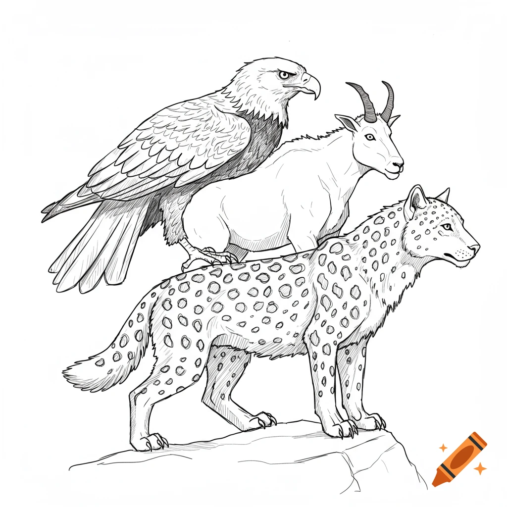 Line drawing of an eagle on a mountain goat on a leopard standing on a rock.