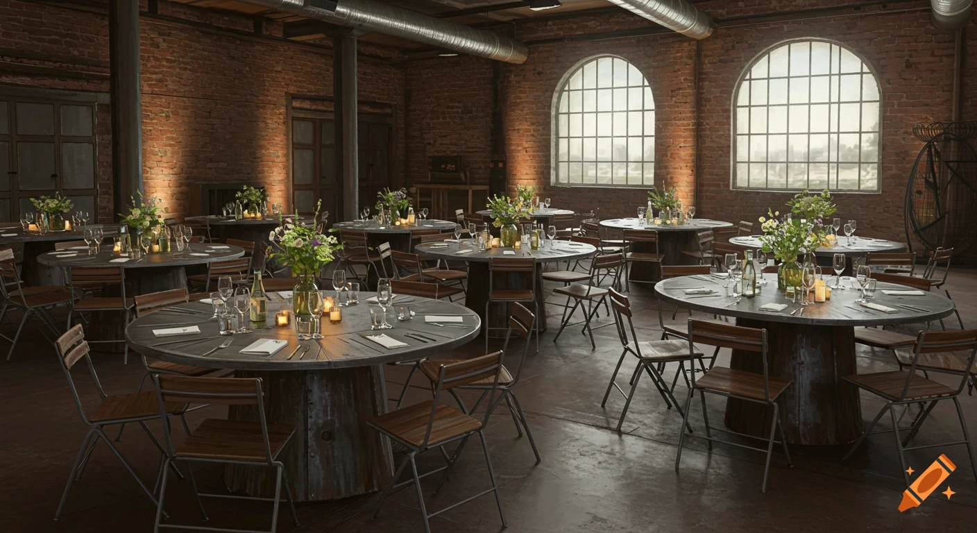 Industrial style room set up for an event with round tables, chairs, and arched windows