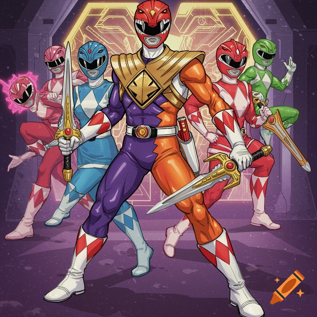 Illustration of multiple Power Rangers, including an amalgamated Ranger, holding swords.