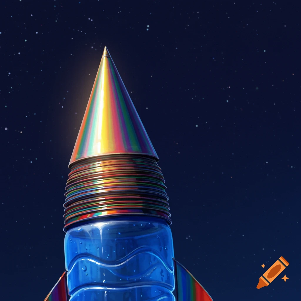 Bottle rocket made from a plastic bottle and stacked discs, with a rainbow party hat cone, against a starry night.