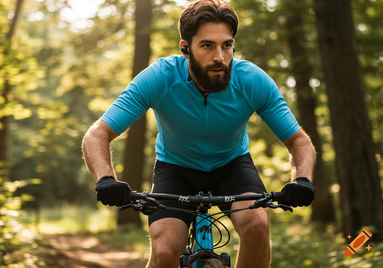 Man mountain biking on a trail through a sunny forest.