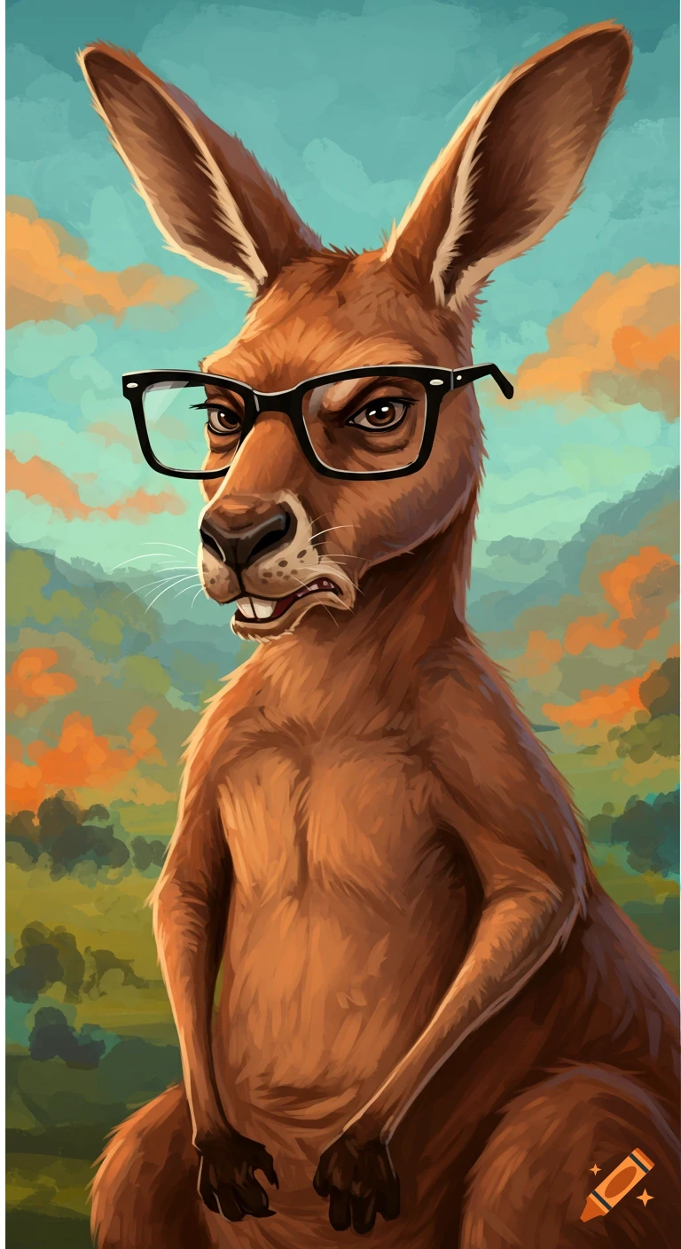 An illustration of a serious-looking kangaroo wearing black glasses